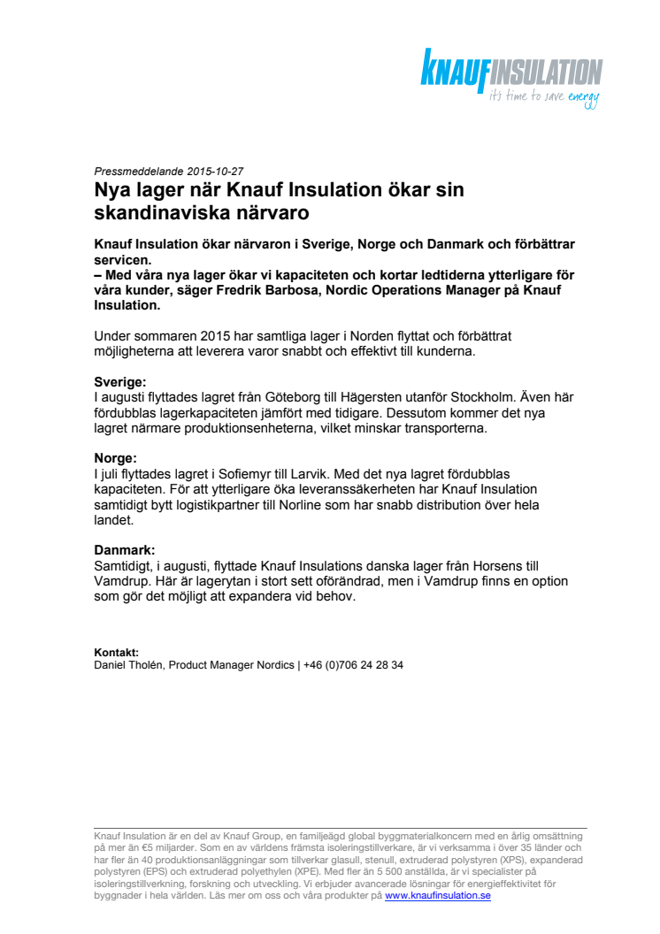 Nya lager när Knauf Insulation ökar sin skandinaviska närvaro 