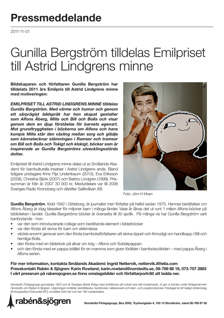 Gunilla Bergström tilldelas Emilpriset till Astrid Lindgrens minne 
