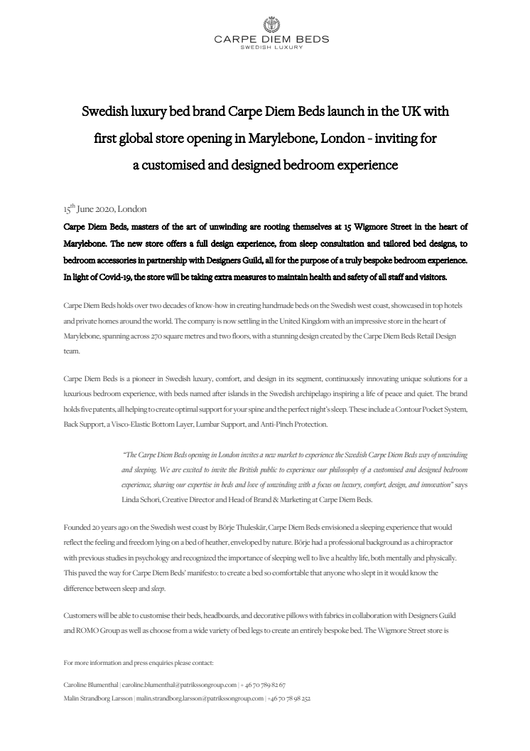 Swedish luxury bed brand Carpe Diem Beds launch in the UK with first global store opening in Marylebone, London