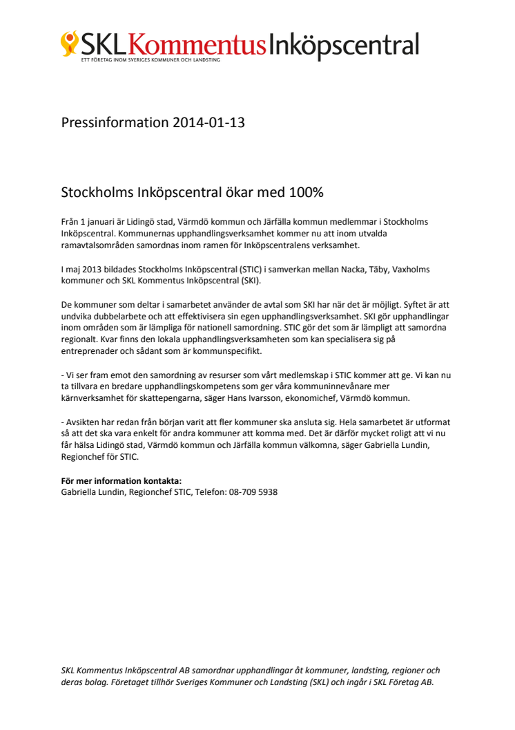 Stockholms Inköpscentral ökar med 100%