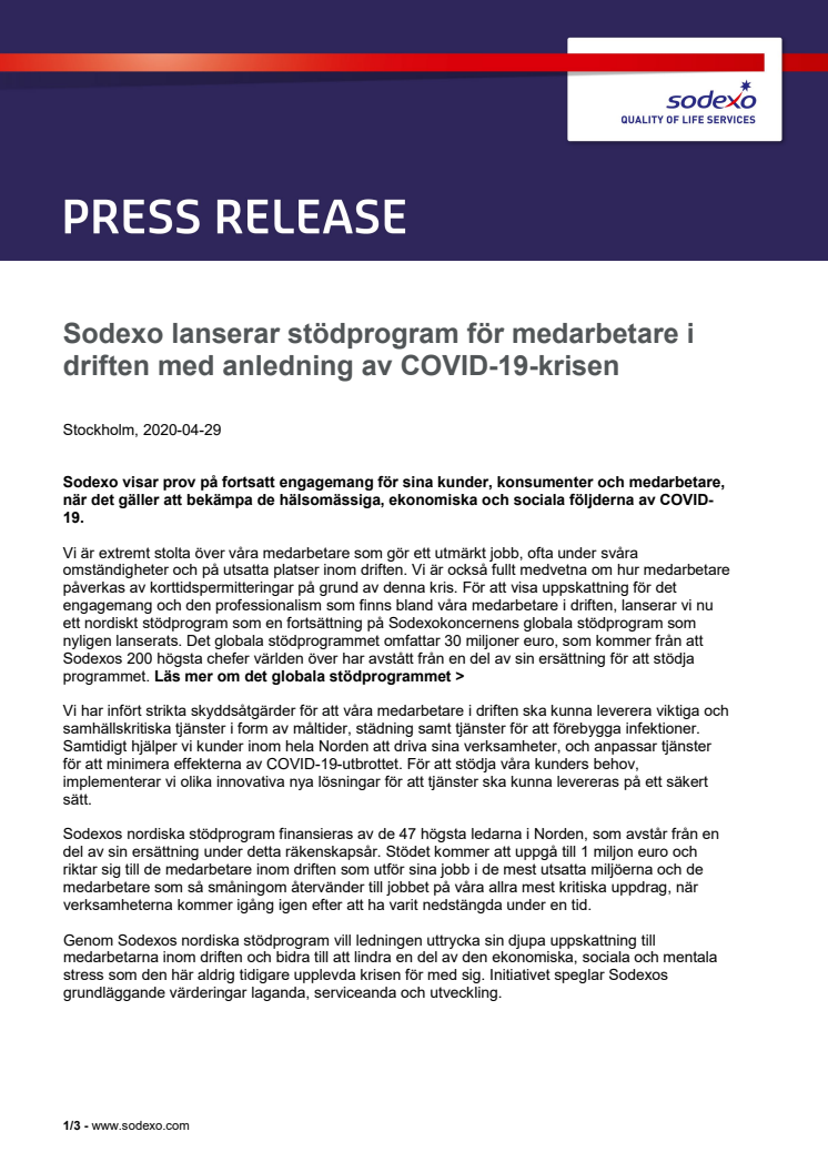 Sodexo lanserar stödprogram för medarbetare i driften med anledning av COVID-19-krisen