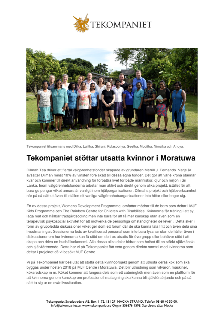 Tekompaniet stöttar utsatta kvinnor i Moratuwa