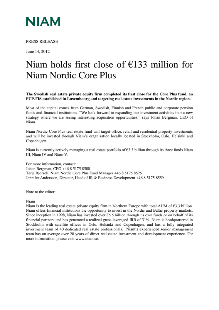 Niam holds first close of €133 million for Niam Nordic Core Plus