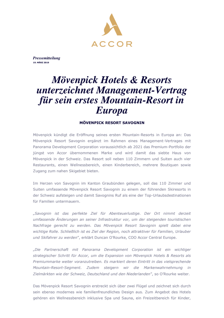 Mövenpick Resort Savognin: Mövenpick Hotels & Resorts unterzeichnet Management-Vertrag für sein erstes Mountain-Resort in Europa