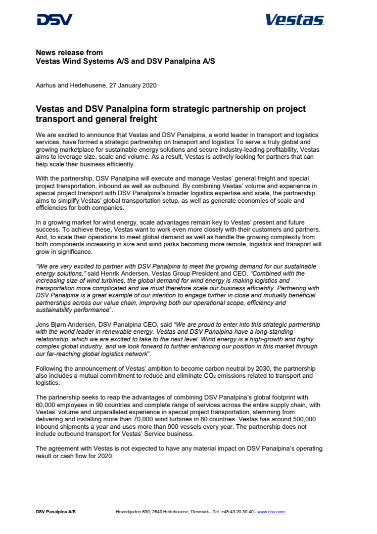 Vestas and DSV Panalpina form strategic partnership on project transport and general freight 
