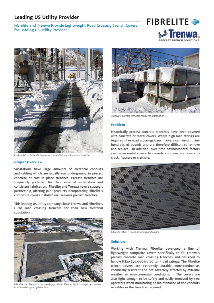 Fibrelite and Trenwa Provide Lightweight Road Crossing Trench Covers for Leading US Utility Provider