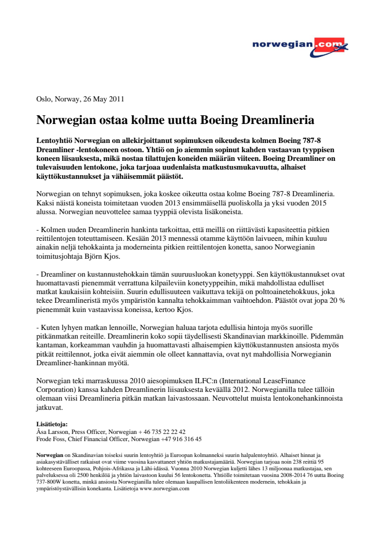 Norwegian ostaa kolme uutta Boeing Dreamlineria