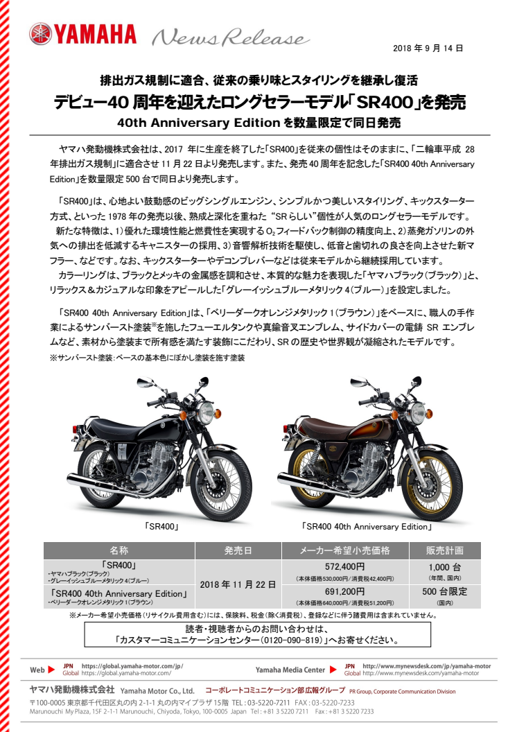 デビュー40周年を迎えたロングセラーモデル「SR400」を発売　排出ガス規制に適合、従来の乗り味とスタイリングを継承し復活　40th Anniversary Editionを数量限定で同日発売