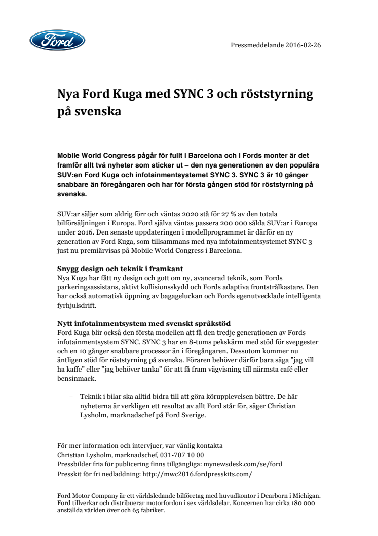 Nya Ford Kuga med SYNC 3 och röststyrning på svenska