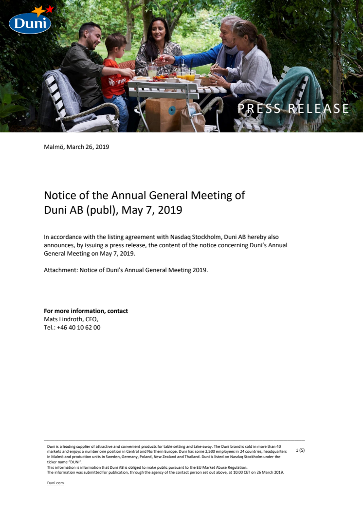 Notice of the Annual General Meeting of  Duni AB (publ), May 7, 2019