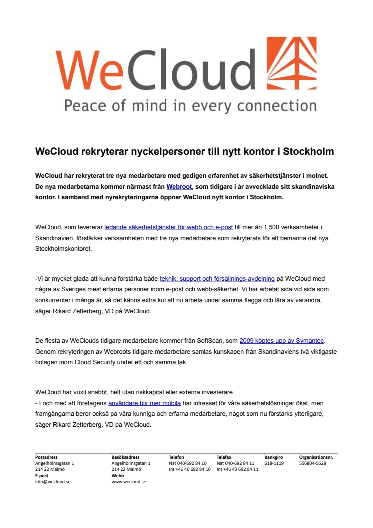 WeCloud rekryterar nyckelpersoner till nytt kontor i Stockholm