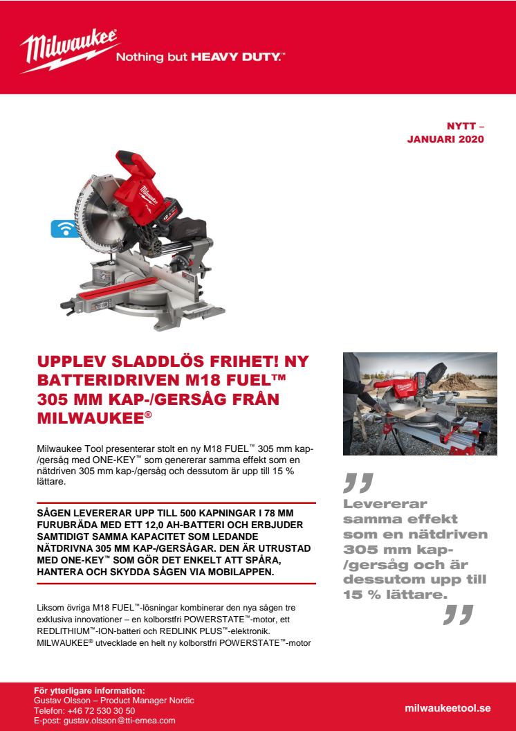 ​UPPLEV SLADDLÖS FRIHET! NY BATTERIDRIVEN M18 FUEL™ 305 MM KAP-/GERSÅG FRÅN MILWAUKEE®