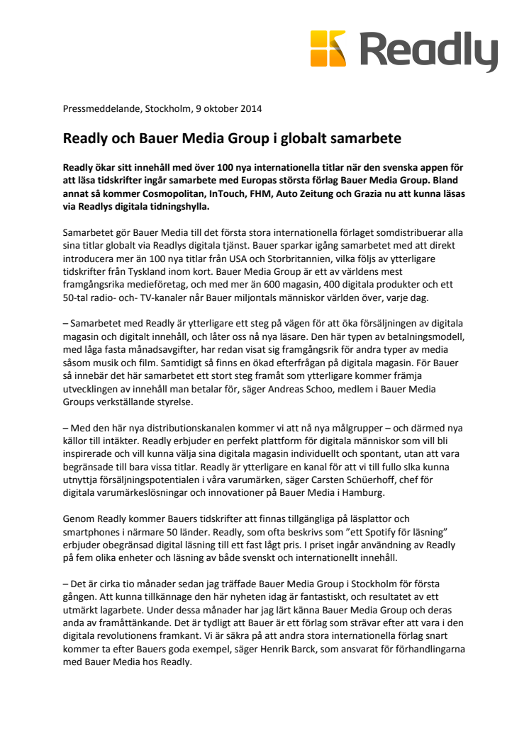 Readly och Bauer Media Group i globalt samarbete