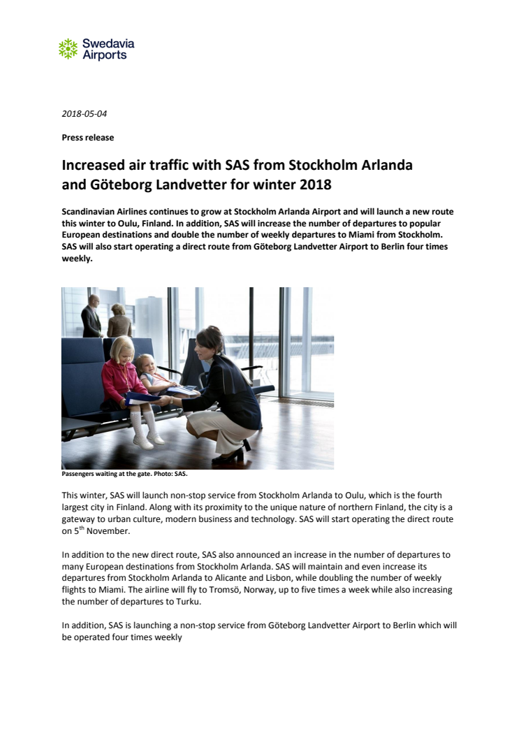 Increased air traffic with SAS from Stockholm Arlanda and Göteborg Landvetter for winter 2018