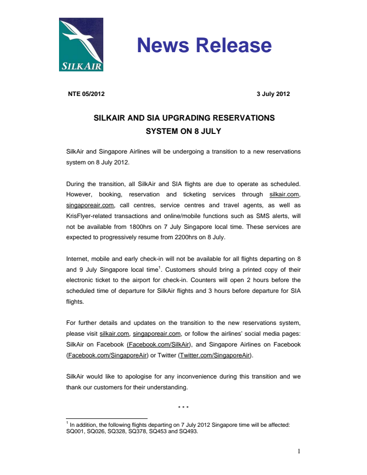 SilkAir and SIA Upgrading Reservations System on 8 July