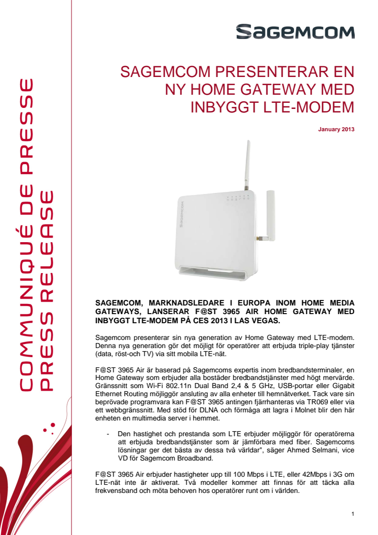 SAGEMCOM PRESENTERAR EN NY HOME GATEWAY MED INBYGGT LTE-MODEM