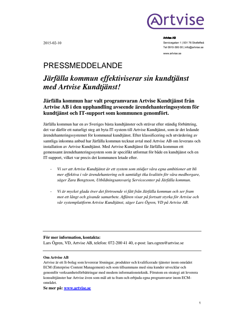 Järfälla kommun effektiviserar sin kundtjänst med Artvise Kundtjänst!