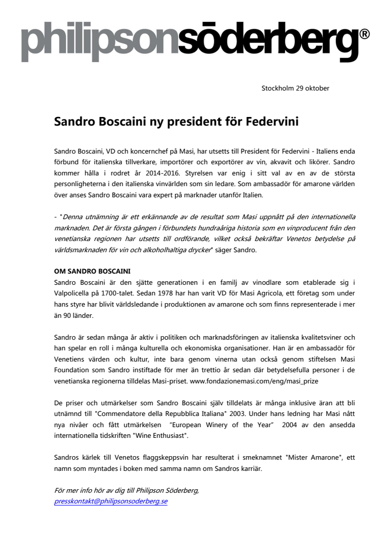 Sandro Boscaini ny president för Federvini