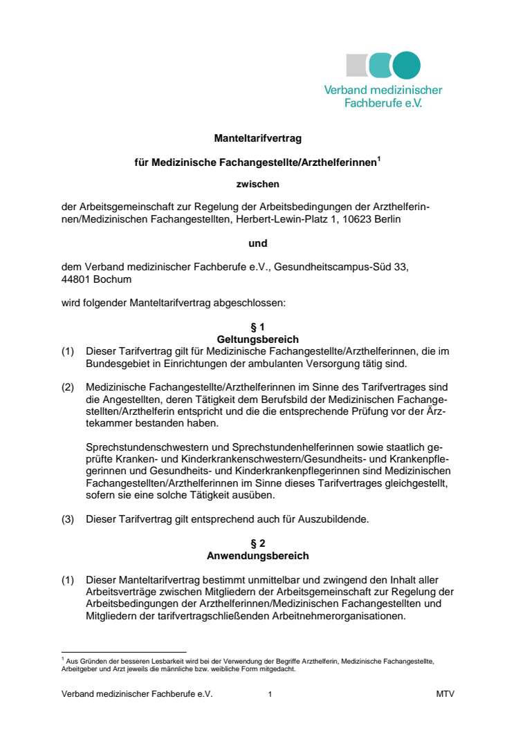Manteltarifvertrag für medizinische Fachangestellte/ArzthelferInnen gültig ab 01.04.2017