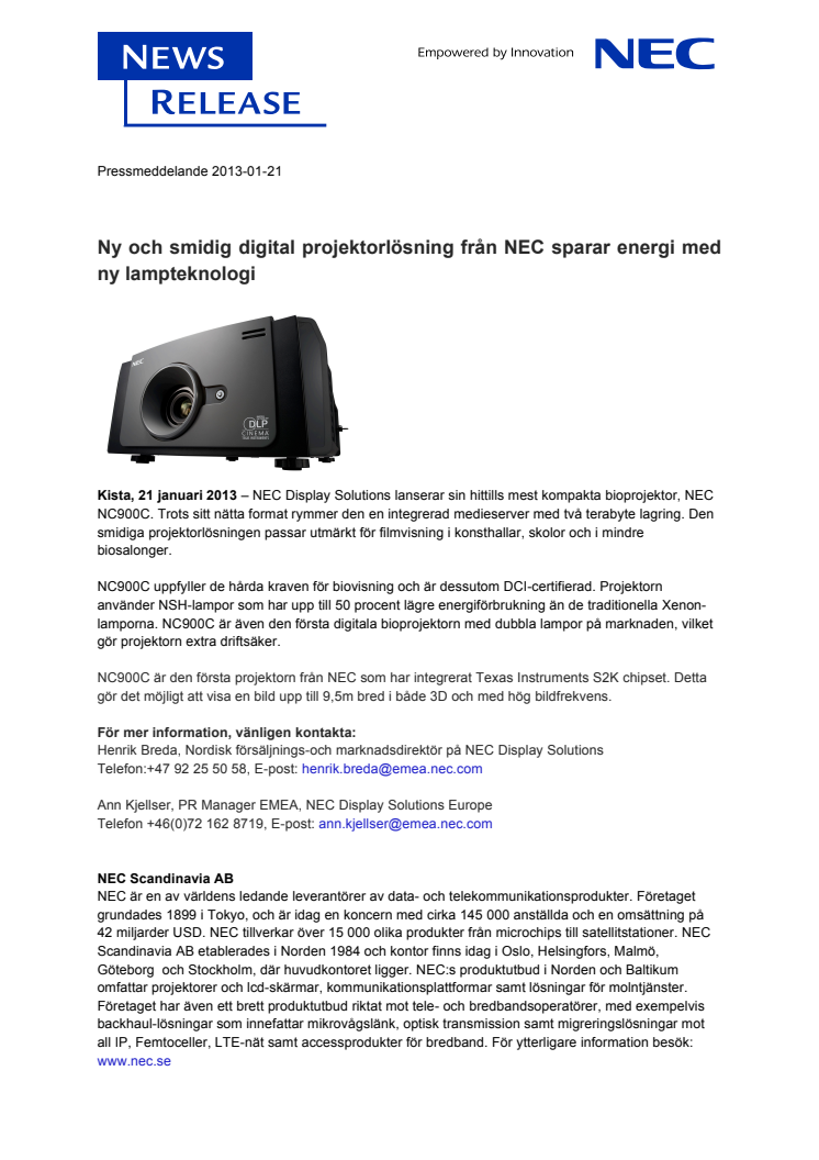 Ny och smidig digital projektorlösning från NEC sparar energi med ny lampteknologi