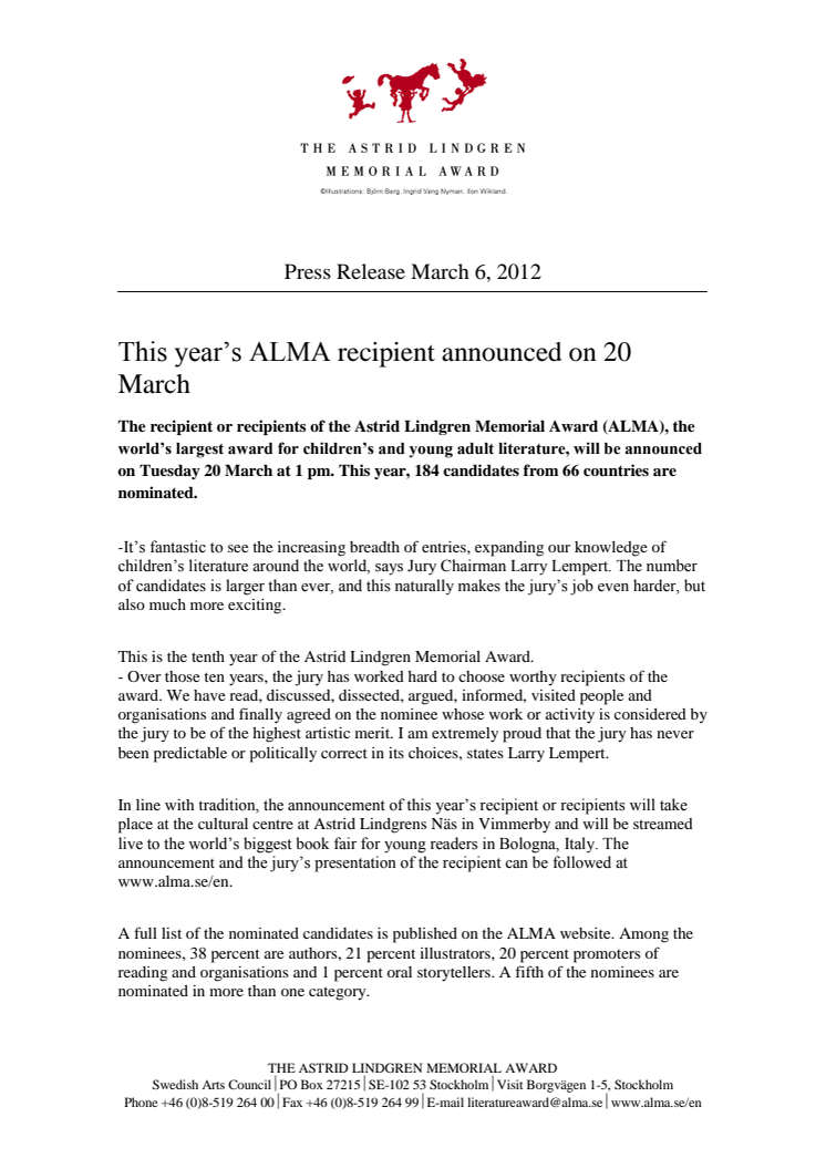 This year’s ALMA recipient announced on 20 March