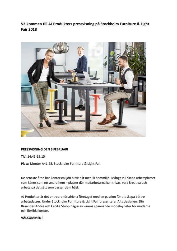 Välkommen till AJ Produkters pressvisning på Stockholm Furniture & Light Fair 2018