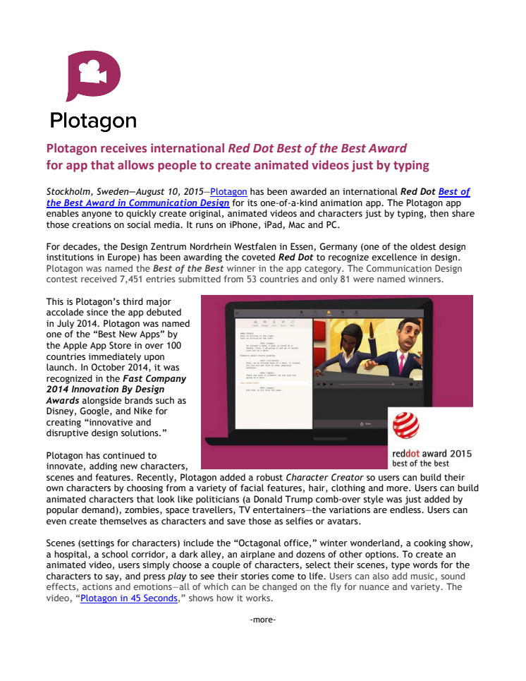 ​Plotagon receives international Red Dot Best of the Best Award for app that allows people to create animated videos just by typing