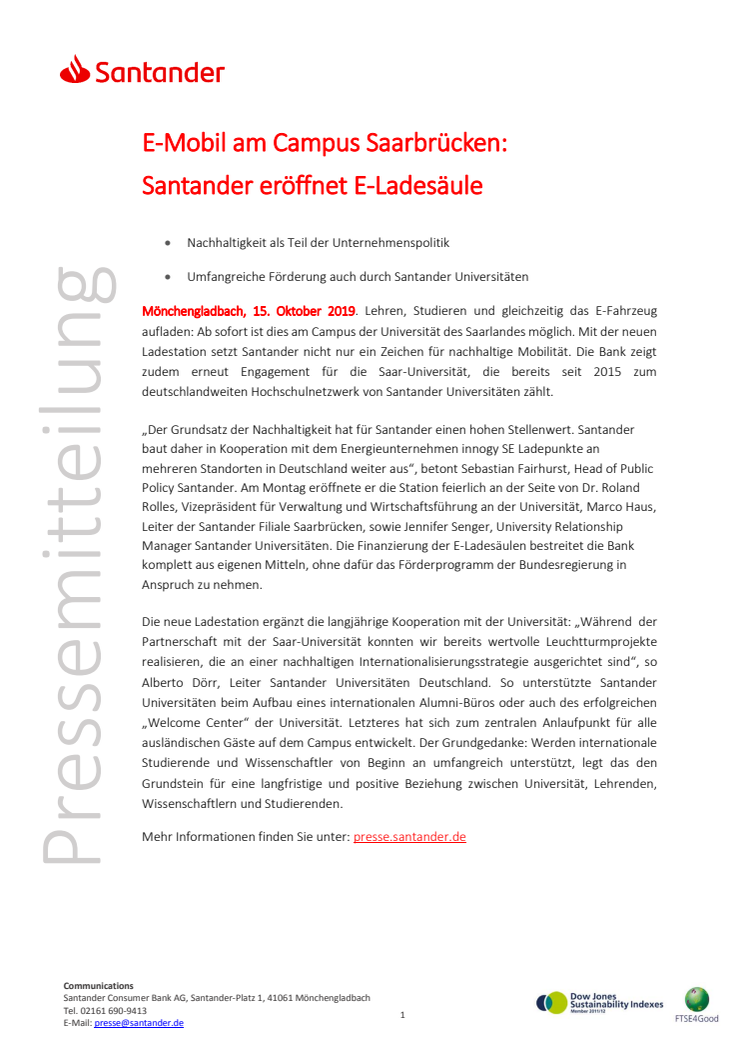 E-Mobil am Campus Saarbrücken: Santander eröffnet E-Ladesäule