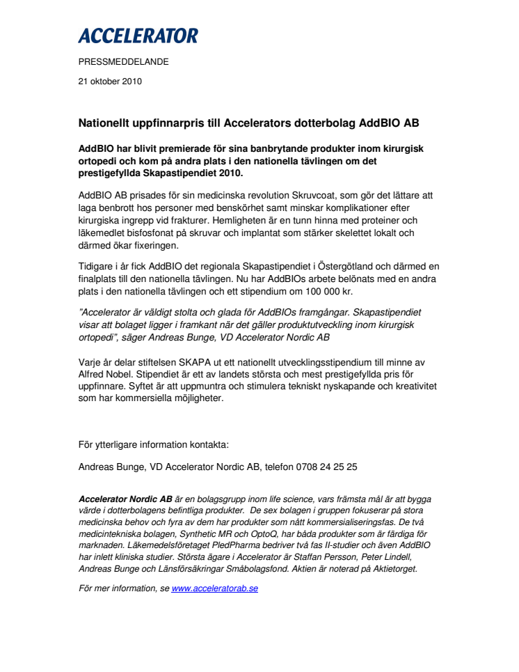  Nationellt uppfinnarpris till Accelerators dotterbolag AddBIO AB