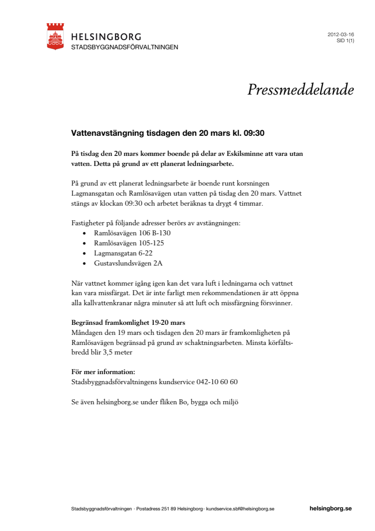 Vattenavstängning tisdagen den 20 mars kl. 09:30