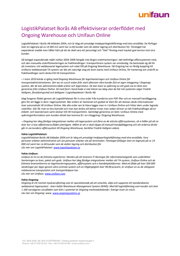 LogistikPalatset Borås AB effektiviserar orderflödet med Ongoing Warehouse och Unifaun Online