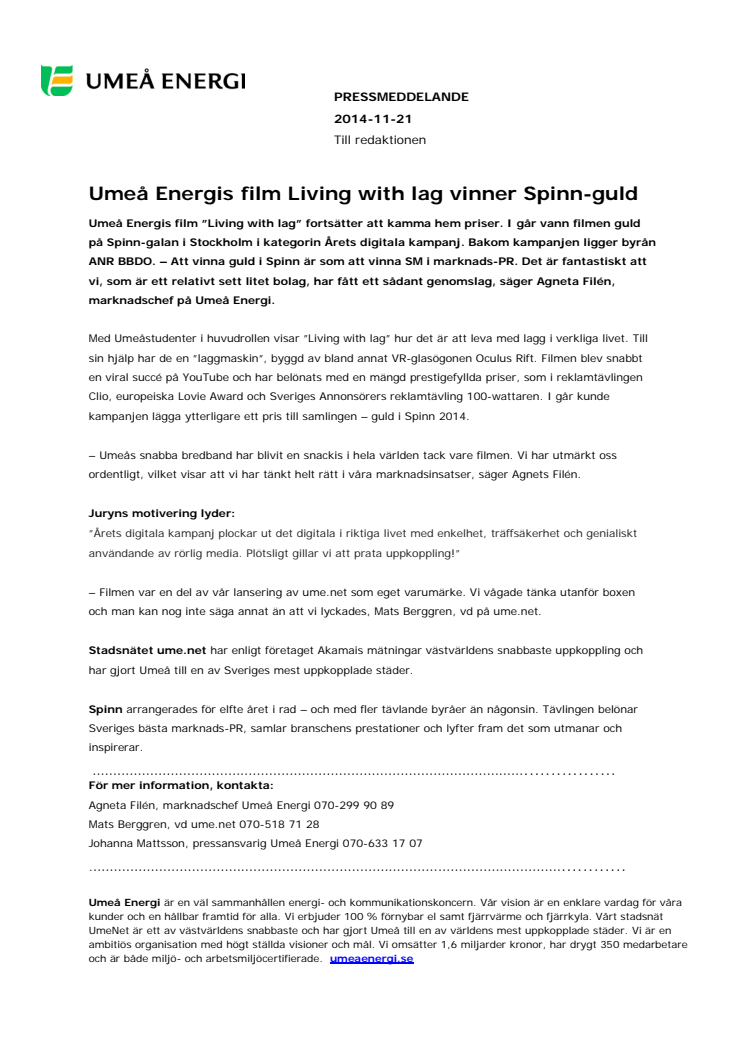 Umeå Energis film Living with lag vinner Spinn-guld