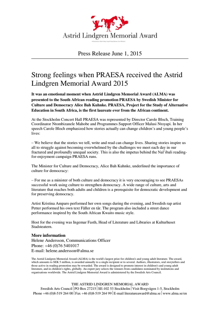 Strong feelings when PRAESA received the Astrid Lindgren Memorial Award 2015