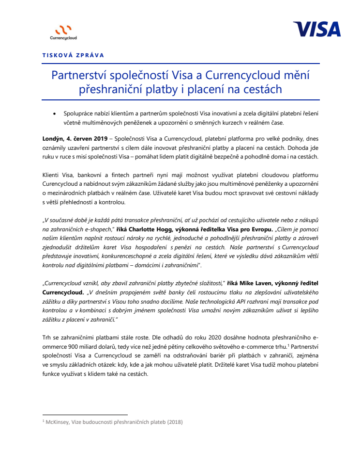 Partnerství společností Visa a Currencycloud mění přeshraniční platby i placení na cestách