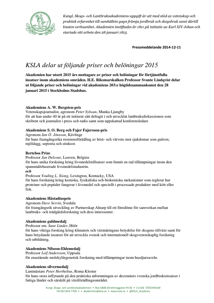 KSLA delar ut priser och belöningar 2015