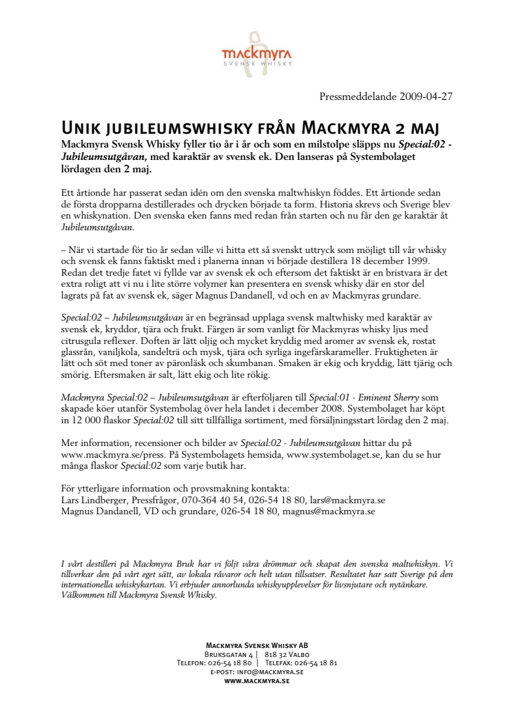 Unik jubileumswhisky från Mackmyra 2 maj