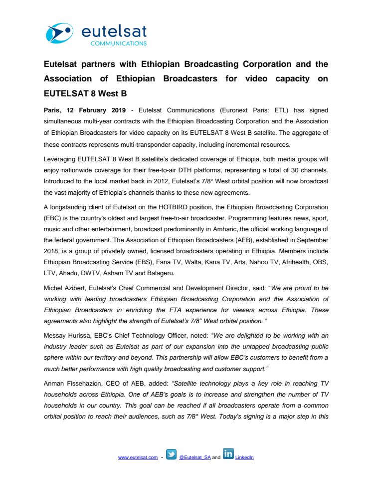 Eutelsat partners with Ethiopian Broadcasting Corporation and the Association of Ethiopian Broadcasters for video capacity on EUTELSAT 8 West B  