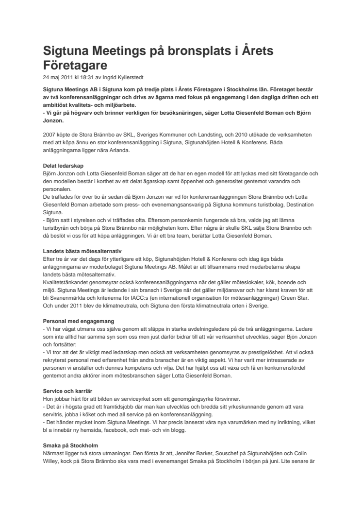 Sigtuna Meetings kom på bronsplats i Årets Företagare i Stockholms län