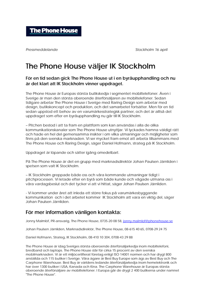 The Phone House väljer IK Stockholm som ny reklambyrå