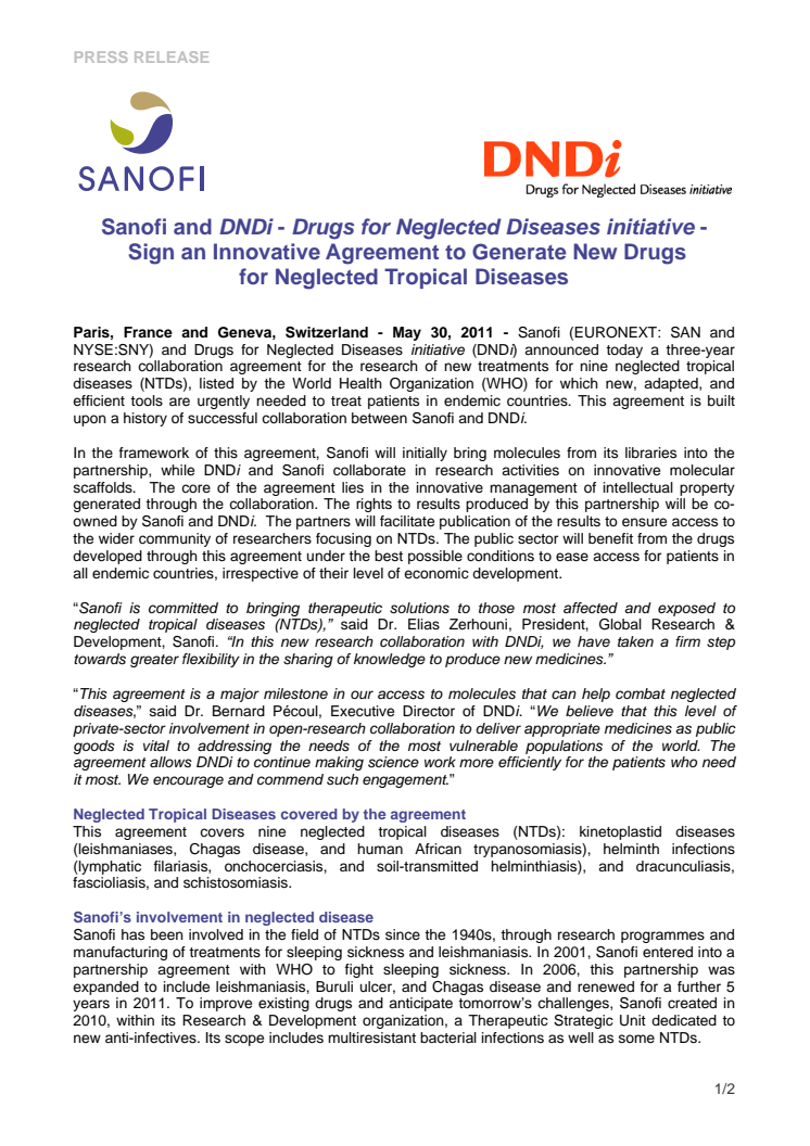 Sanofi and DNDi - Drugs for Neglected Diseases initiative - Sign an Innovative Agreement to Generate New Drugs for Neglected Tropical Diseases