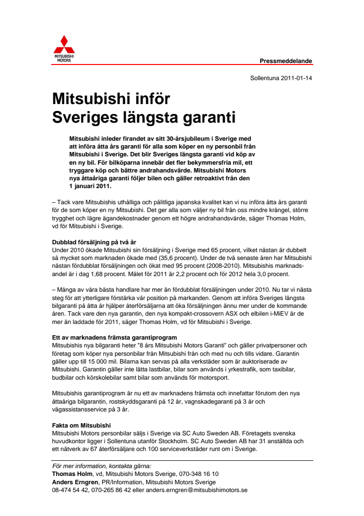Mitsubishi inför Sveriges längsta garanti