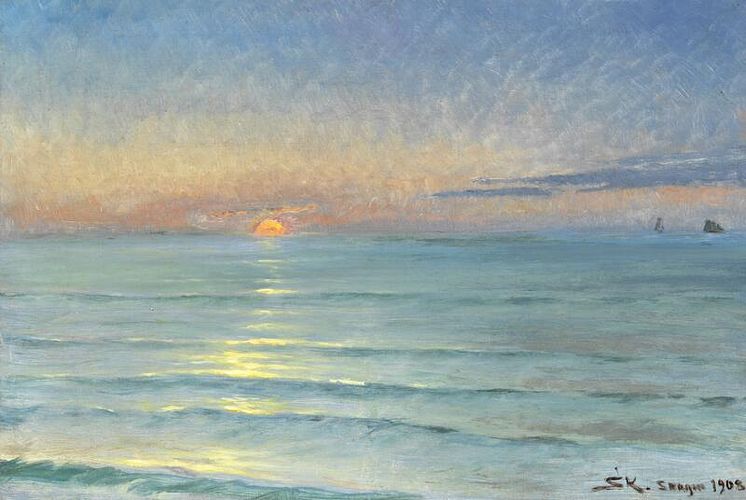 P. S. Krøyer- "Solnedgang ved Nordstranden. Solen gaar ned rød over Havet. I Horizonten et Par Sejlskibe." Vurdering- 600.000-800.000 kr. 