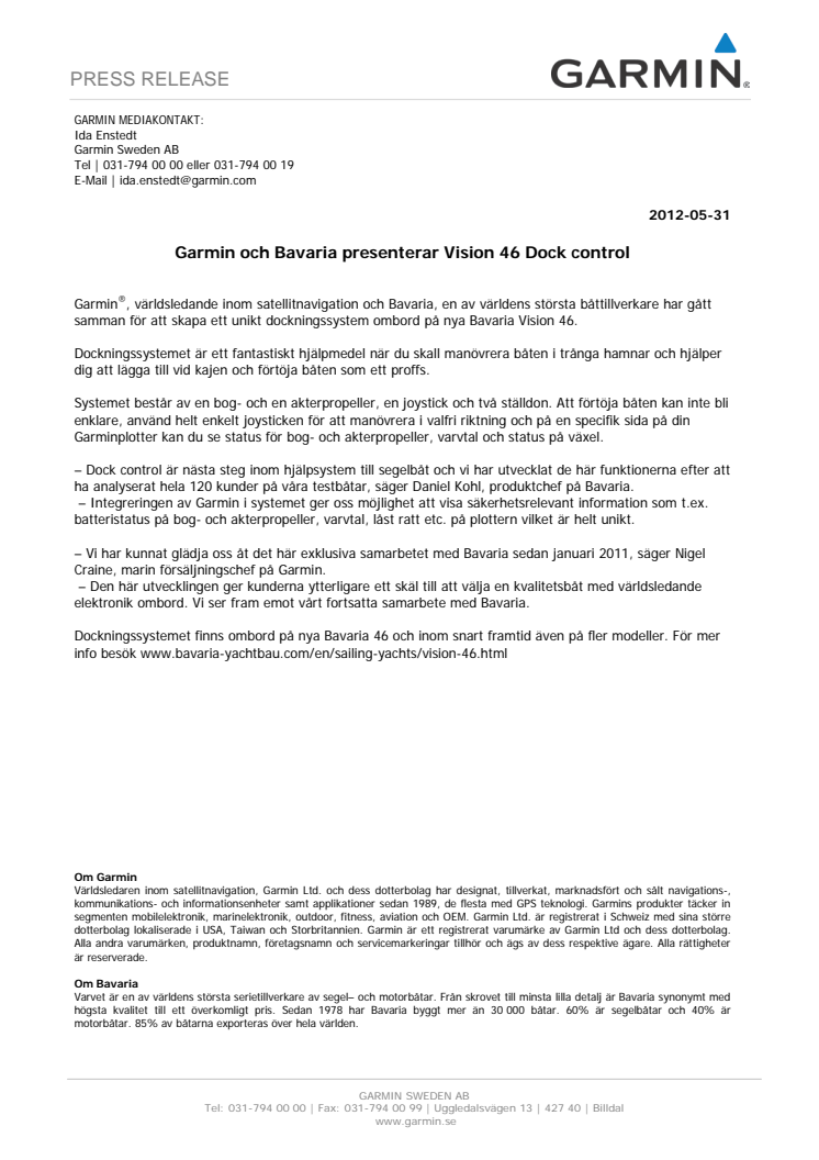 Garmin och Bavaria presenterar Vision 46 Dock control 