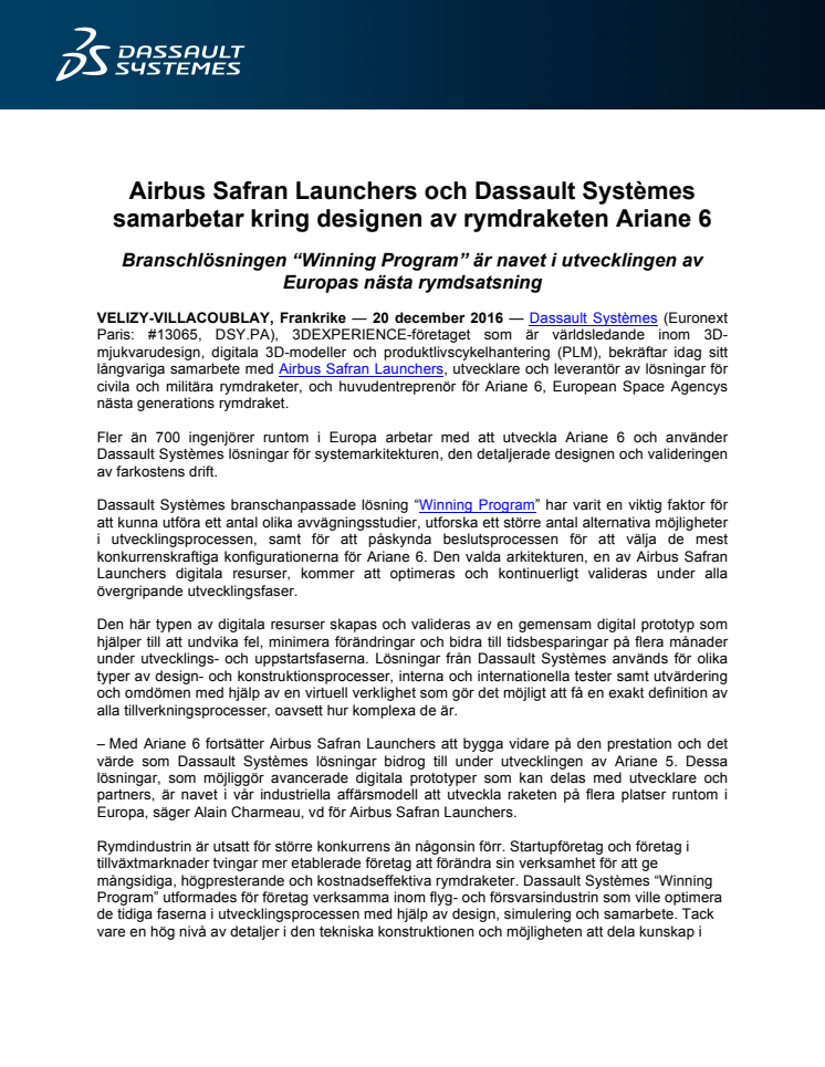 Airbus Safran Launchers och Dassault Systèmes samarbetar kring designen av rymdraketen Ariane 6