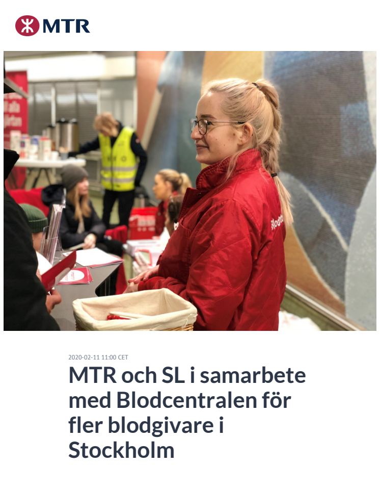 MTR och SL i samarbete med Blodcentralen för fler blodgivare i Stockholm