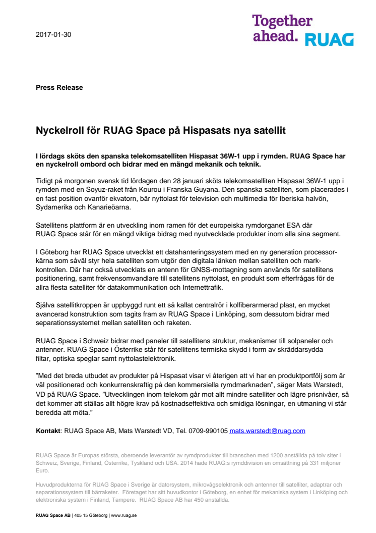 Nyckelroll för RUAG Space på Hispasats nya satellit