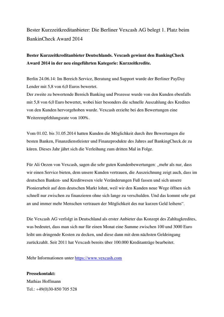 Bester Kurzzeitkreditanbieter: Die Berliner Vexcash AG belegt 1. Platz beim BankinCheck Award 2014