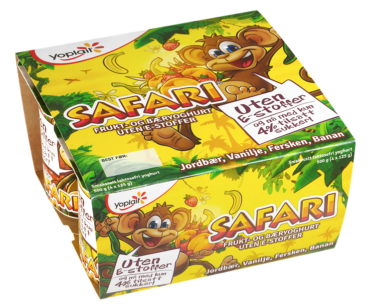 Yoplait Safari Apeyoghurt. Jordbær, vanilje, fersken og banan.