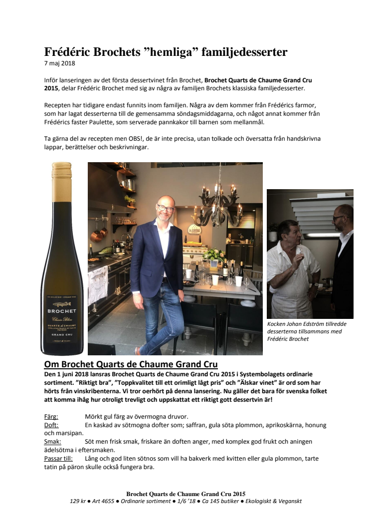 Lansering av högklassiskt dessertvin från Brochet - Brochet Quarts de Chaume Grand Cru 2015 