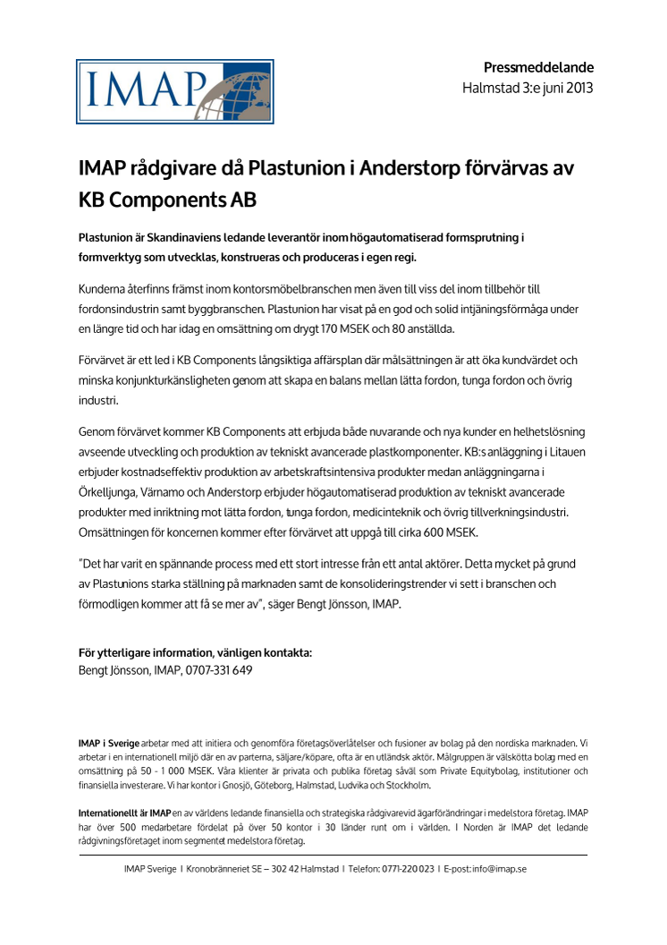 IMAP rådgivare då Plastunion AB säljs till KB Components AB